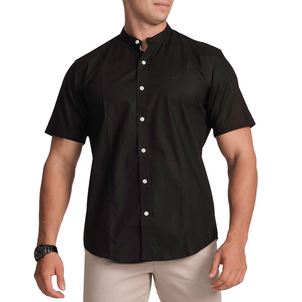 Semi-Casual Half Sleeve Sport Fit Shirt with Mandarin Collar-Black Inck