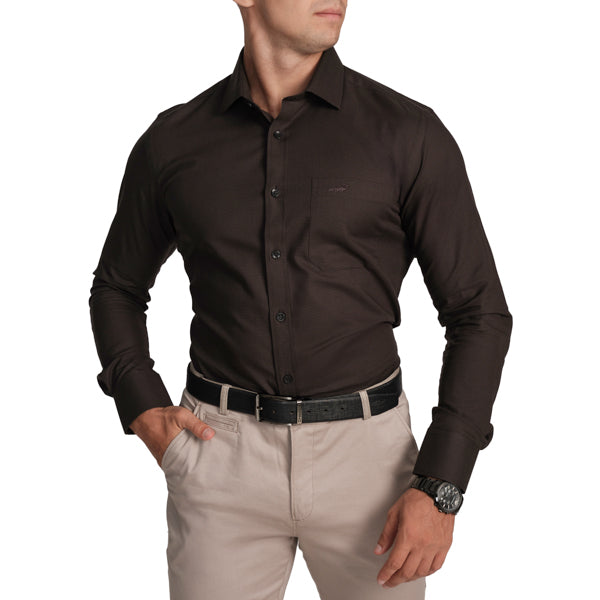 Slim Fit Full Sleeve Stripe Formal Shirt with French Placket-Coffee