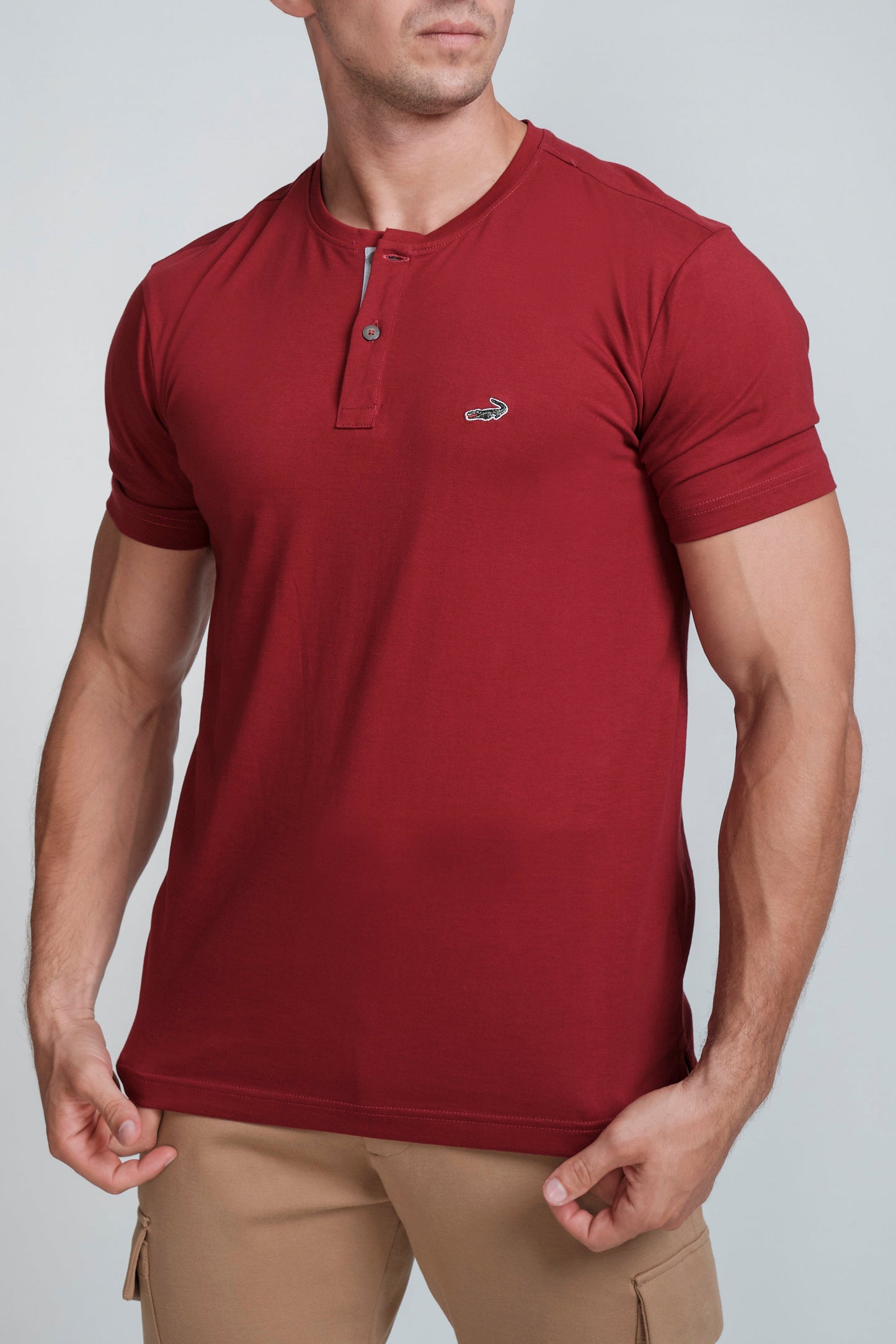 Crocodile Mens Slim Fit Henley T Shirt Ruby Wine