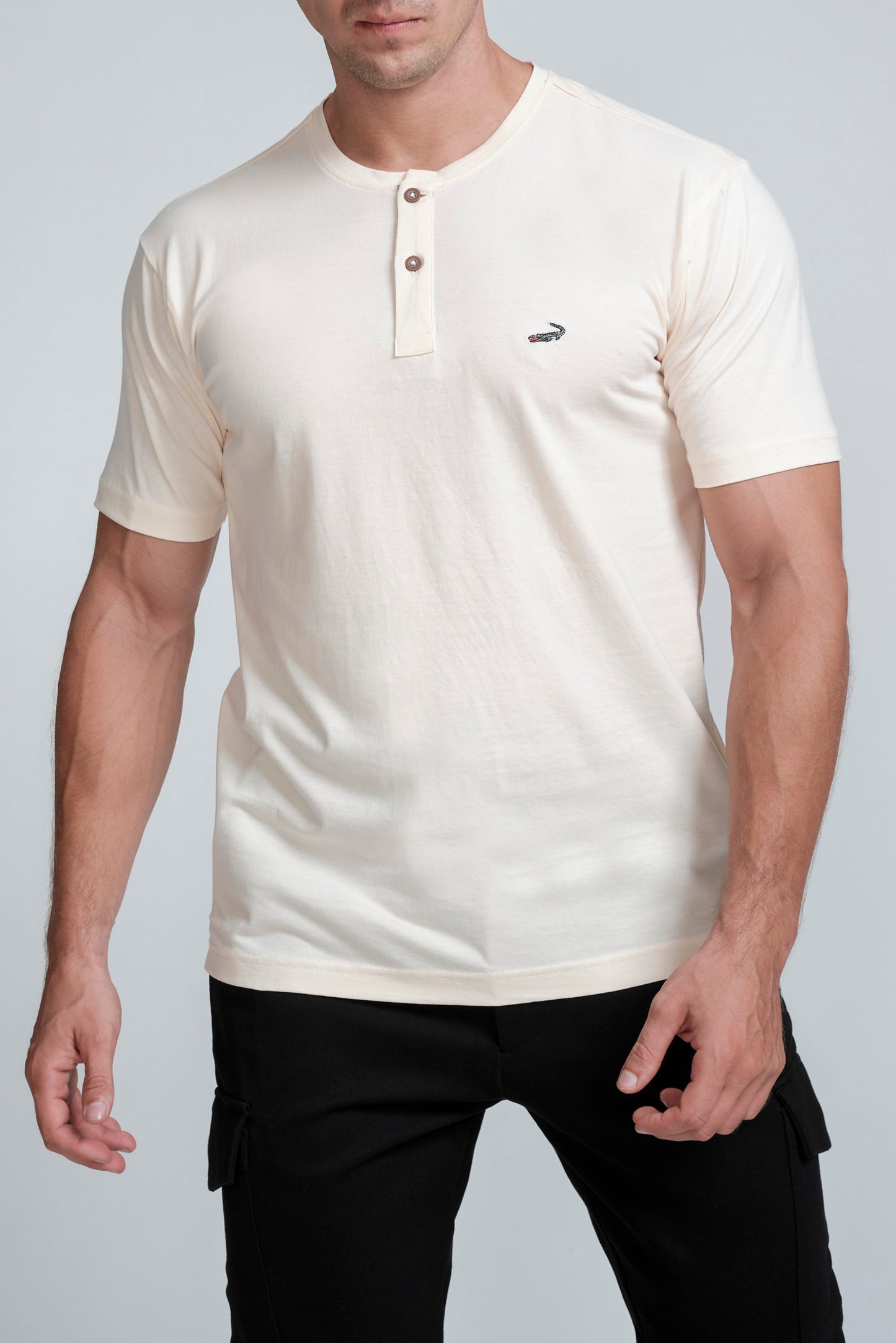 Crocodile Mens Slim Fit Henley T Shirt Brown - Creme Brulee